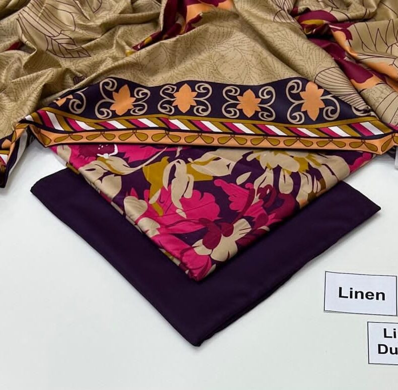 Linen Unstitched 3 Piece Printed Suit with Printed Linen Dupatta – Beige & Magenta