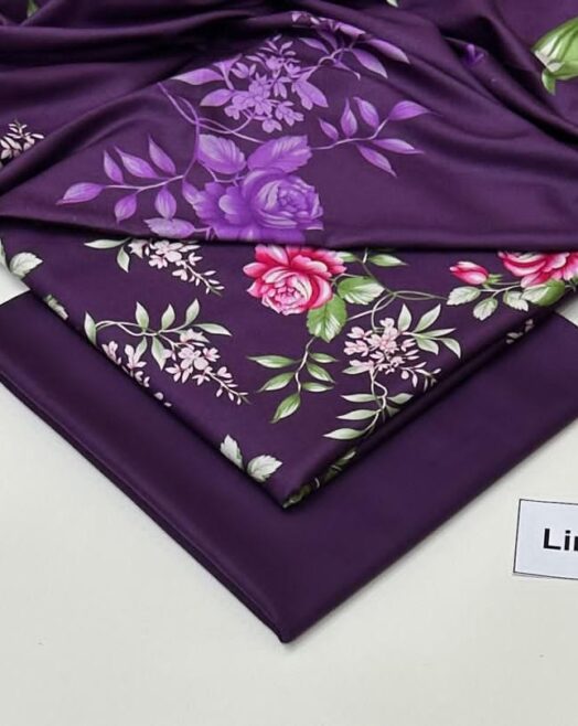 Linen Unstitched 3 Piece Printed Suit with Printed Linen Dupatta – Purple & Floral