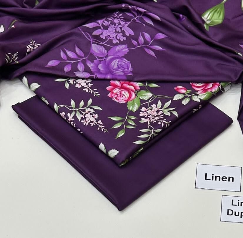 Linen Unstitched 3 Piece Printed Suit with Printed Linen Dupatta – Purple & Floral