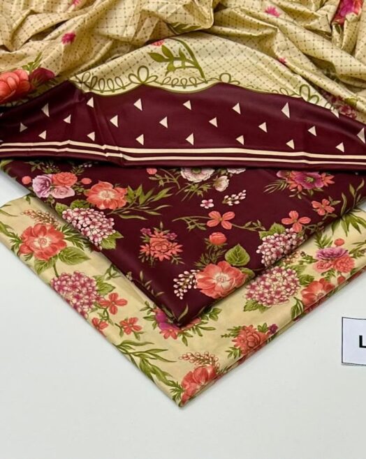 Linen Unstitched 3 Piece Printed Suit with Printed Linen Dupatta – Beige & Plum