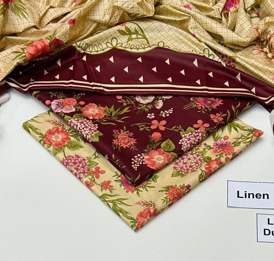 Linen Unstitched 3 Piece Printed Suit with Printed Linen Dupatta – Beige & Plum