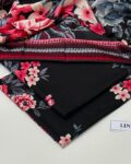 Linen Unstitched 3 Piece Printed Suit with Printed Linen Dupatta – Charcoal & Pink Floral