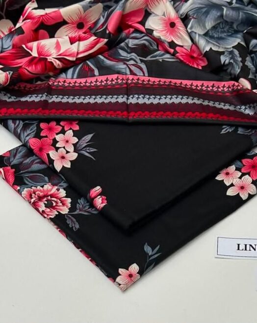 Linen Unstitched 3 Piece Printed Suit with Printed Linen Dupatta – Charcoal & Pink Floral