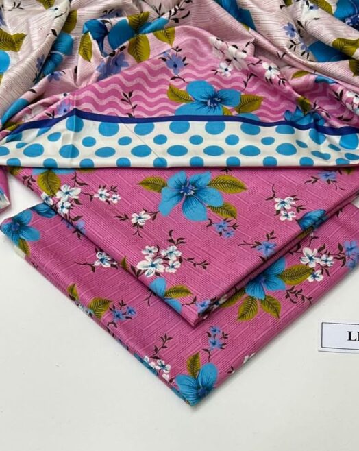 Linen Unstitched 3 Piece Printed Suit with Printed Linen Dupatta – Pink & Blue Floral