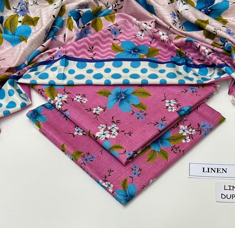 Linen Unstitched 3 Piece Printed Suit with Printed Linen Dupatta – Pink & Blue Floral