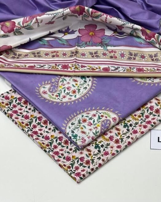 Linen Unstitched 3 Piece Printed Suit with Printed Linen Dupatta – Lilac & Floral Paisley