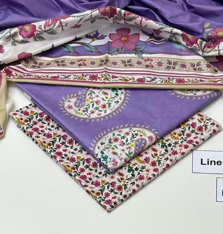 Linen Unstitched 3 Piece Printed Suit with Printed Linen Dupatta – Lilac & Floral Paisley