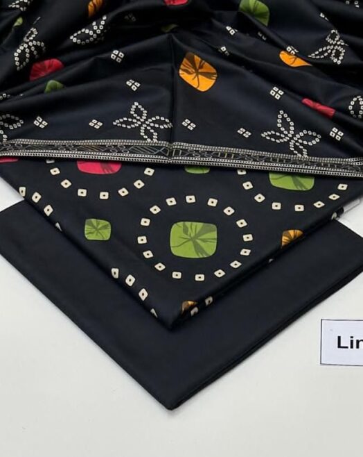 Linen Unstitched 3 Piece Printed Suit with Printed Linen Dupatta – Jet Black & Chunri Printed