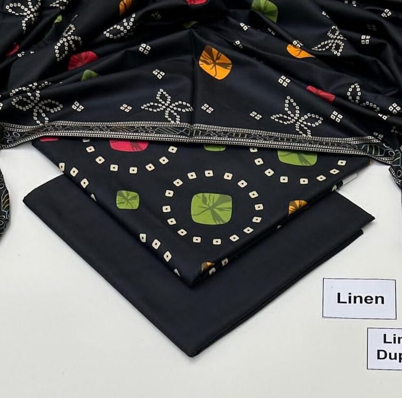 Linen Unstitched 3 Piece Printed Suit with Printed Linen Dupatta – Jet Black & Chunri Printed