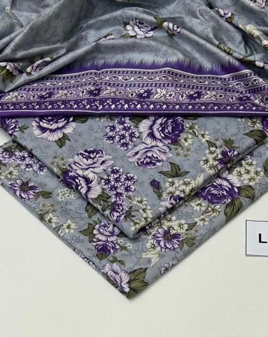 Linen Unstitched 3 Piece Printed Suit with Printed Linen Dupatta – Steel Grey & Purple Floral