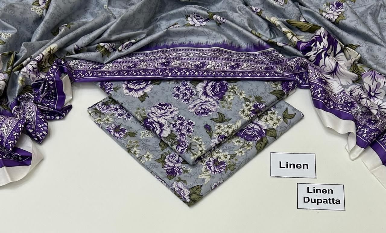 Linen Unstitched 3 Piece Printed Suit with Printed Linen Dupatta – Steel Grey & Purple Floral