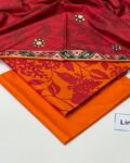 Linen Unstitched 3 Piece Printed Suit with Printed Linen Dupatta – Red & Orange