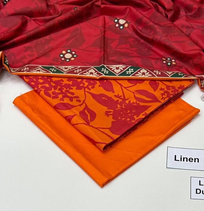 Linen Unstitched 3 Piece Printed Suit with Printed Linen Dupatta – Red & Orange