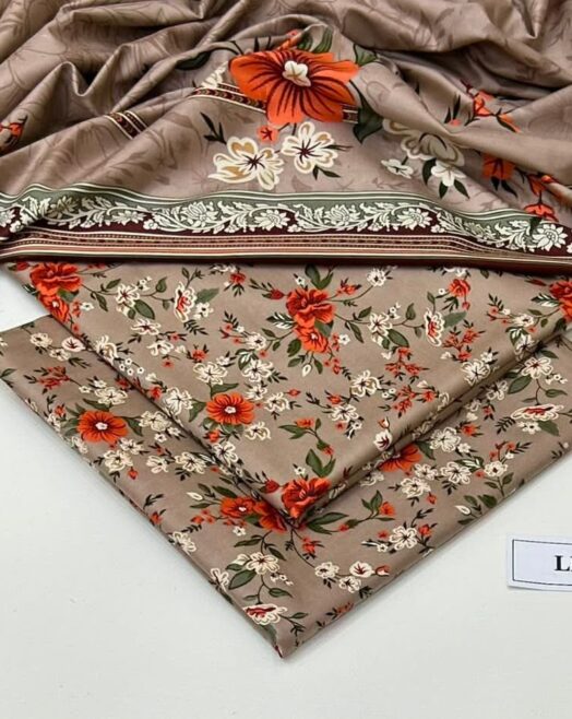 Linen Unstitched 3 Piece Printed Suit with Printed Linen Dupatta – Taupe & Rust Floral