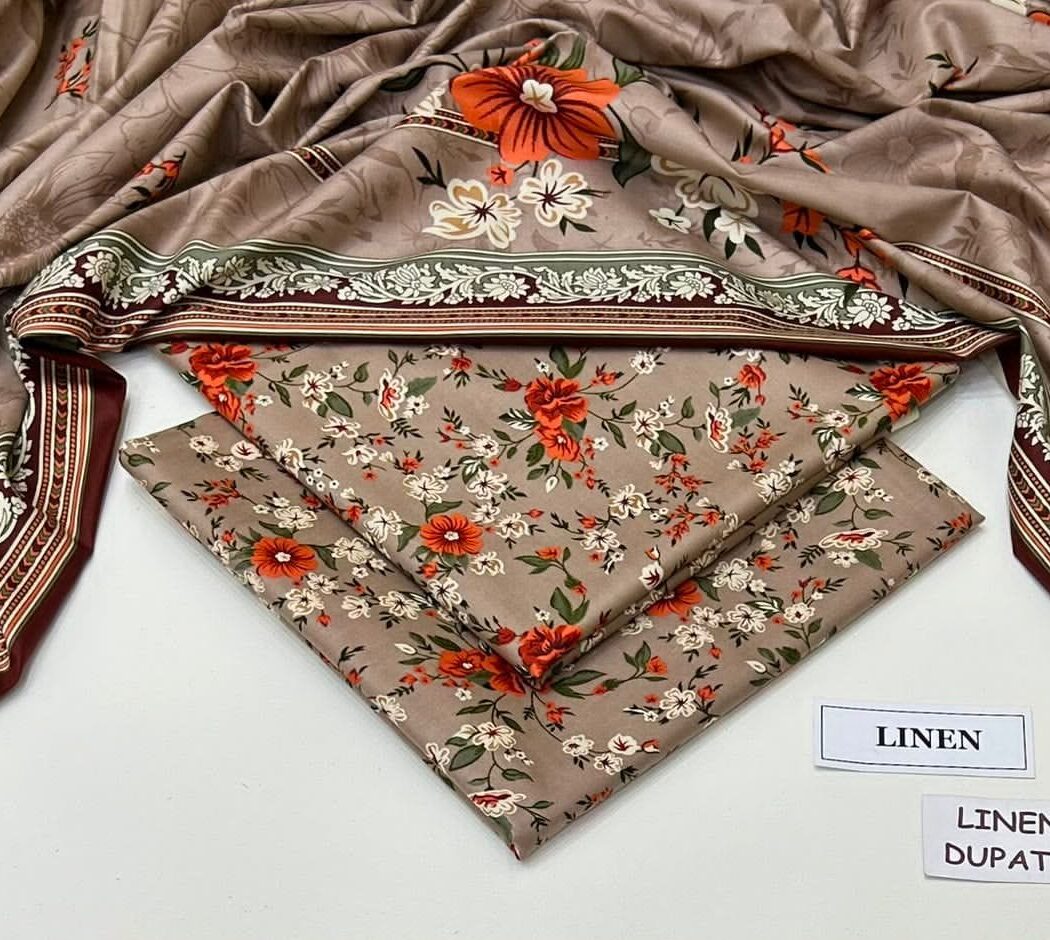 Linen Unstitched 3 Piece Printed Suit with Printed Linen Dupatta – Taupe & Rust Floral