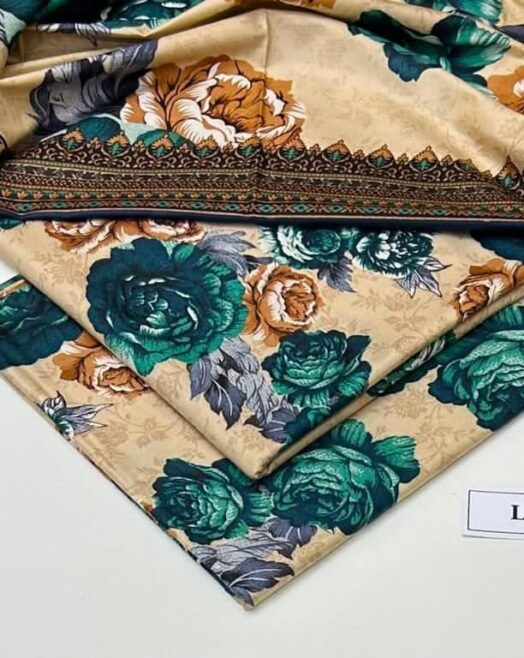 Linen Unstitched 3 Piece Printed Suit with Printed Linen Dupatta – Beige & Emerald Floral