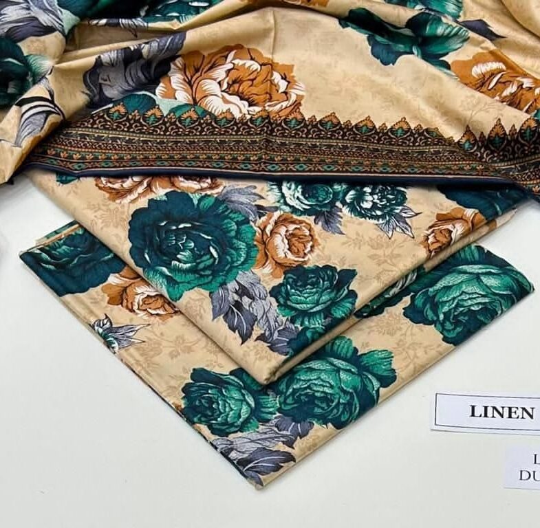 Linen Unstitched 3 Piece Printed Suit with Printed Linen Dupatta – Beige & Emerald Floral