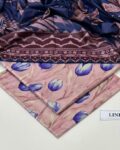 Linen Unstitched 3 Piece Printed Suit with Printed Linen Dupatta – Navy Blue & Soft Pink Tulip