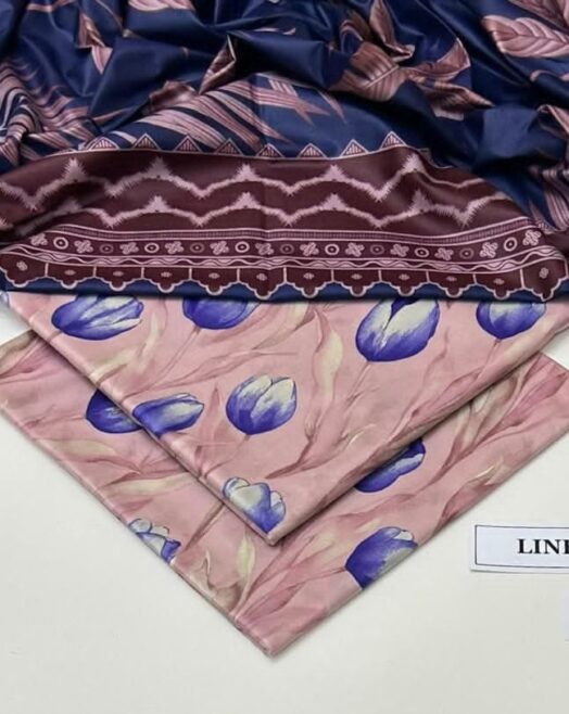 Linen Unstitched 3 Piece Printed Suit with Printed Linen Dupatta – Navy Blue & Soft Pink Tulip
