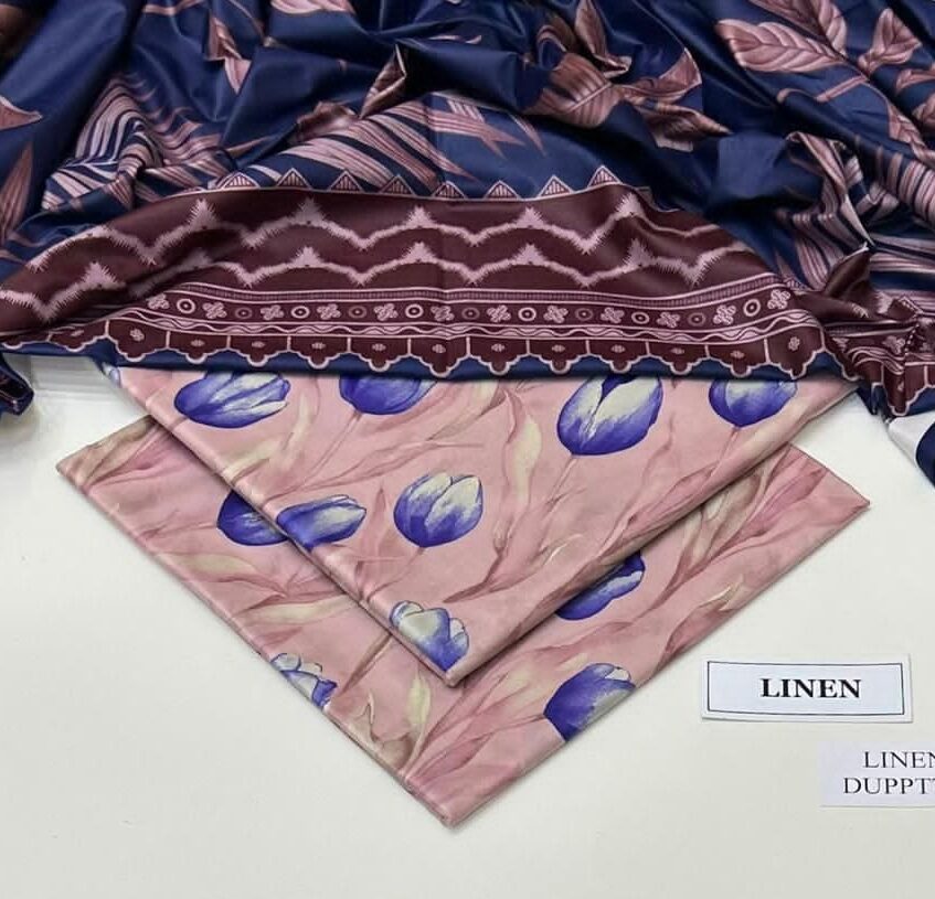 Linen Unstitched 3 Piece Printed Suit with Printed Linen Dupatta – Navy Blue & Soft Pink Tulip