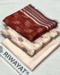 Viscose Unstitched 3 Piece Printed Suit with Printed Viscose Dupatta – Beige & Rust Printed