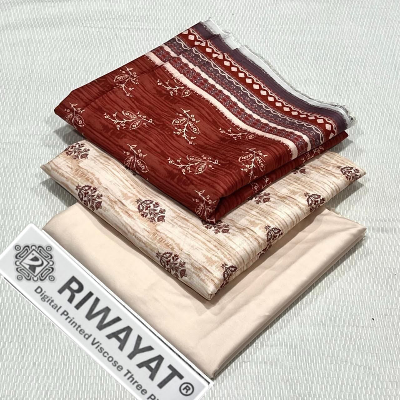 Viscose Unstitched 3 Piece Printed Suit with Printed Viscose Dupatta – Beige & Rust Printed