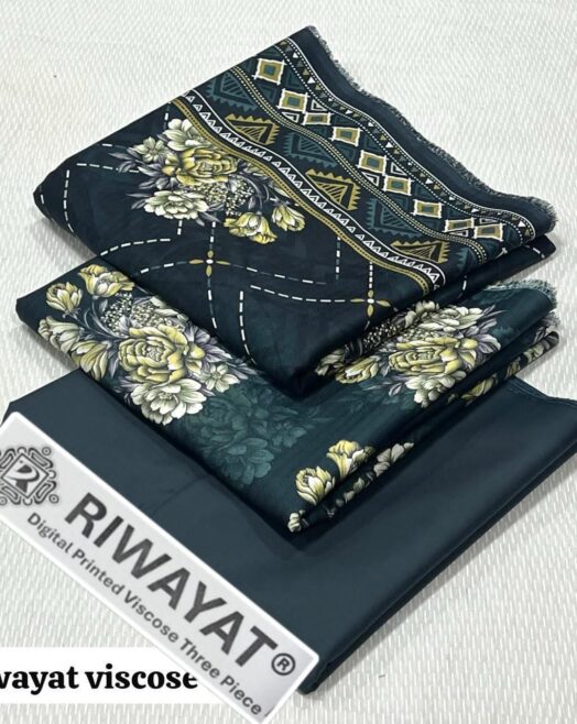 Viscose Unstitched 3 Piece Printed Suit with Printed Viscose Dupatta – Dark Slate Green & Yellow Floral