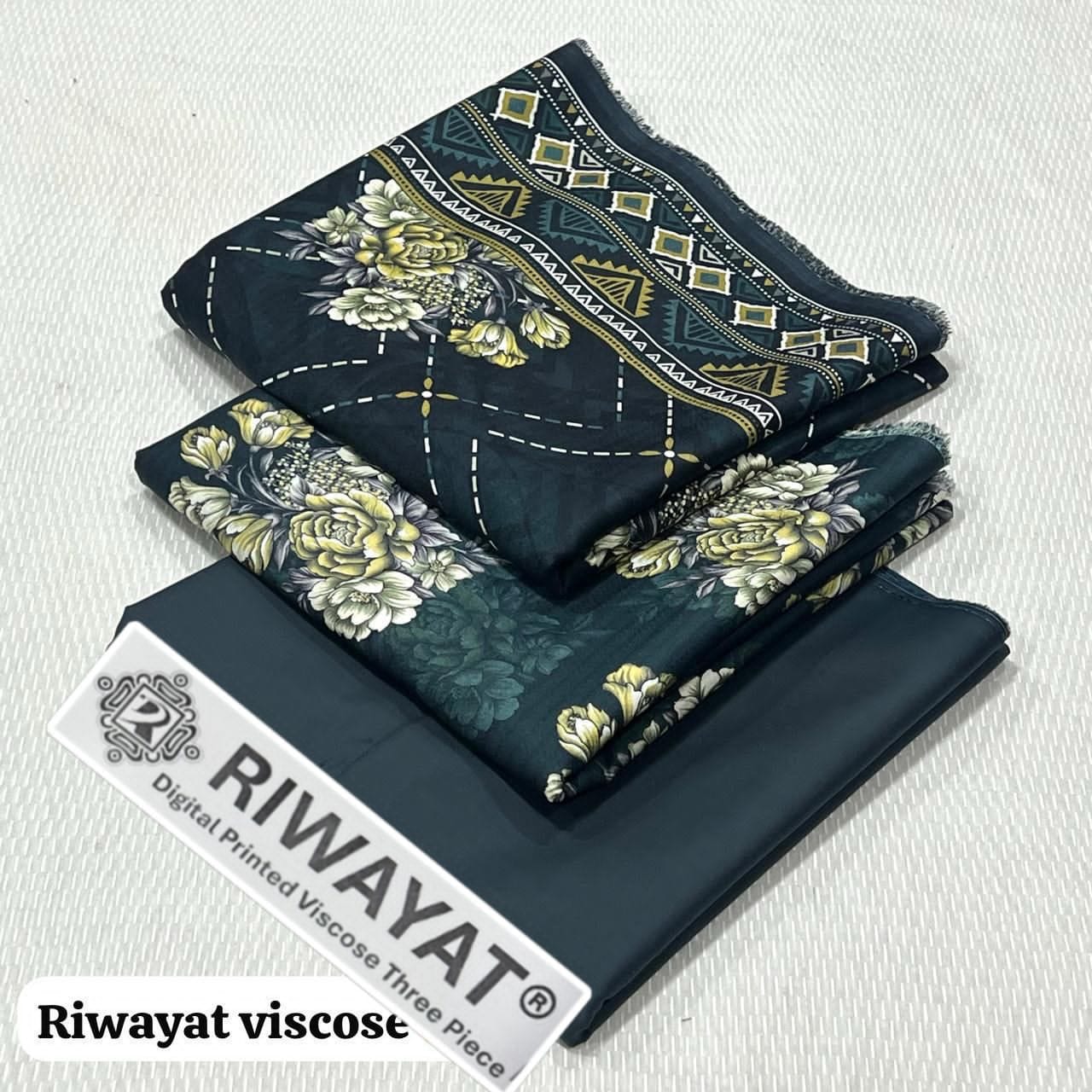Viscose Unstitched 3 Piece Printed Suit with Printed Viscose Dupatta – Dark Slate Green & Yellow Floral