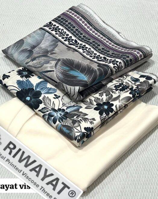 Viscose Unstitched 3 Piece Printed Suit with Printed Viscose Dupatta – Off-White & Slate Blue Floral