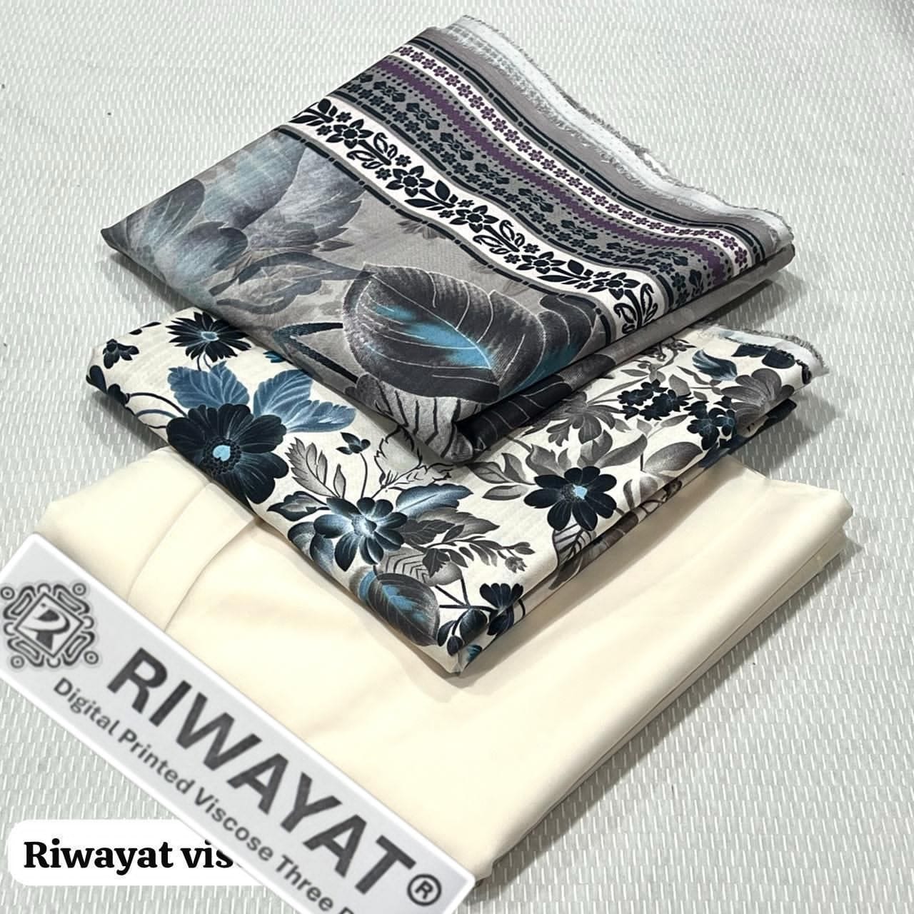 Viscose Unstitched 3 Piece Printed Suit with Printed Viscose Dupatta – Off-White & Slate Blue Floral
