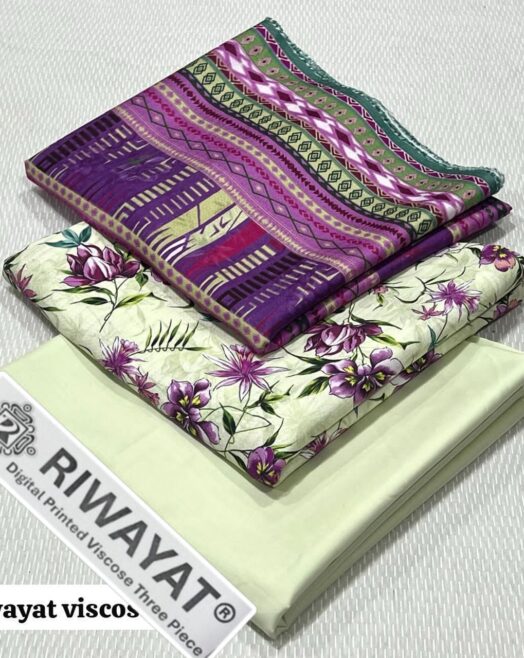 Viscose Unstitched 3 Piece Printed Suit with Printed Viscose Dupatta – Mint Green & Purple Floral