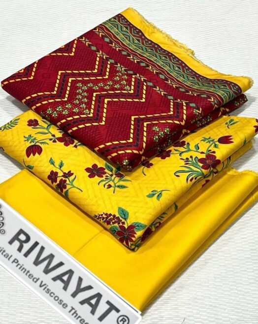Viscose Unstitched 3 Piece Printed Suit with Printed Viscose Dupatta – Mustard Yellow & Maroon Floral
