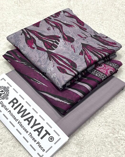Viscose Unstitched 3 Piece Printed Suit with Printed Viscose Dupatta – Dusty Lavender & Plum