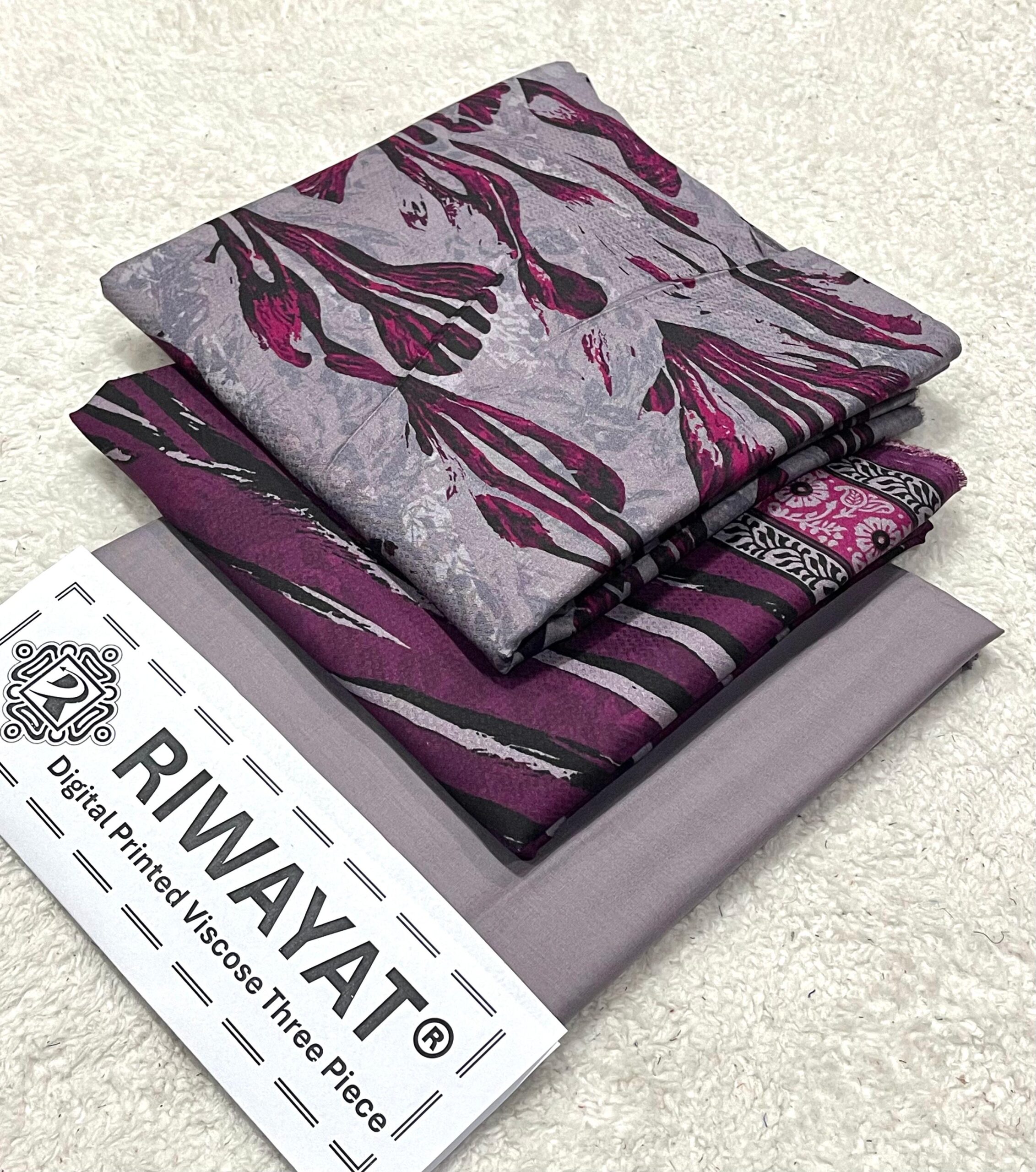 Viscose Unstitched 3 Piece Printed Suit with Printed Viscose Dupatta – Dusty Lavender & Plum