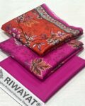 Viscose Unstitched 3 Piece Printed Suit with Printed Viscose Dupatta – Fuchsia Pink & Rust Orange