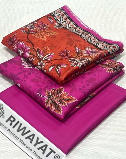 Viscose Unstitched 3 Piece Printed Suit with Printed Viscose Dupatta – Fuchsia Pink & Rust Orange