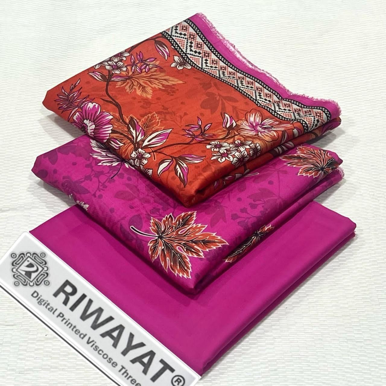 Viscose Unstitched 3 Piece Printed Suit with Printed Viscose Dupatta – Fuchsia Pink & Rust Orange