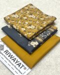 Viscose Unstitched 3 Piece Printed Suit with Printed Viscose Dupatta – Mustard Gold & Charcoal Grey