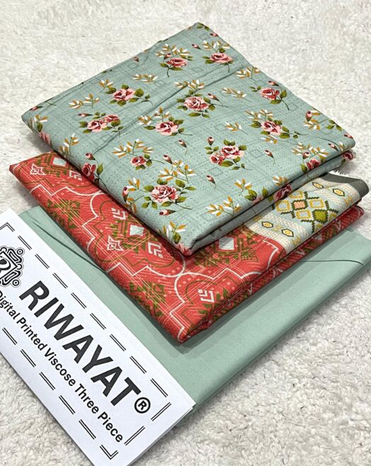 Viscose Unstitched 3 Piece Printed Suit with Printed Viscose Dupatta – Sea Green & Coral Red Floral