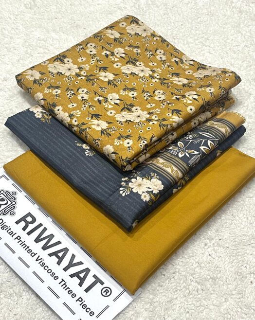 Viscose Unstitched 3 Piece Printed Suit with Printed Viscose Dupatta – Mustard Gold & Charcoal Grey