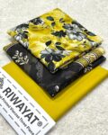 Viscose Unstitched 3 Piece Printed Suit with Printed Viscose Dupatta – Ochre Yellow & Charcoal Grey Floral