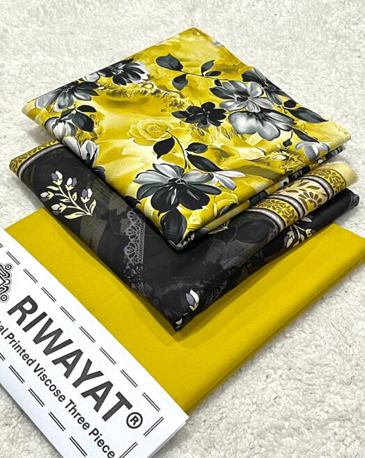 Viscose Unstitched 3 Piece Printed Suit with Printed Viscose Dupatta – Ochre Yellow & Charcoal Grey Floral