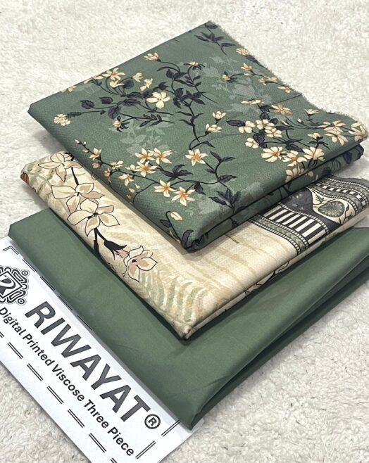 Viscose Unstitched 3 Piece Printed Suit with Printed Viscose Dupatta – Sage Green & Cream Floral
