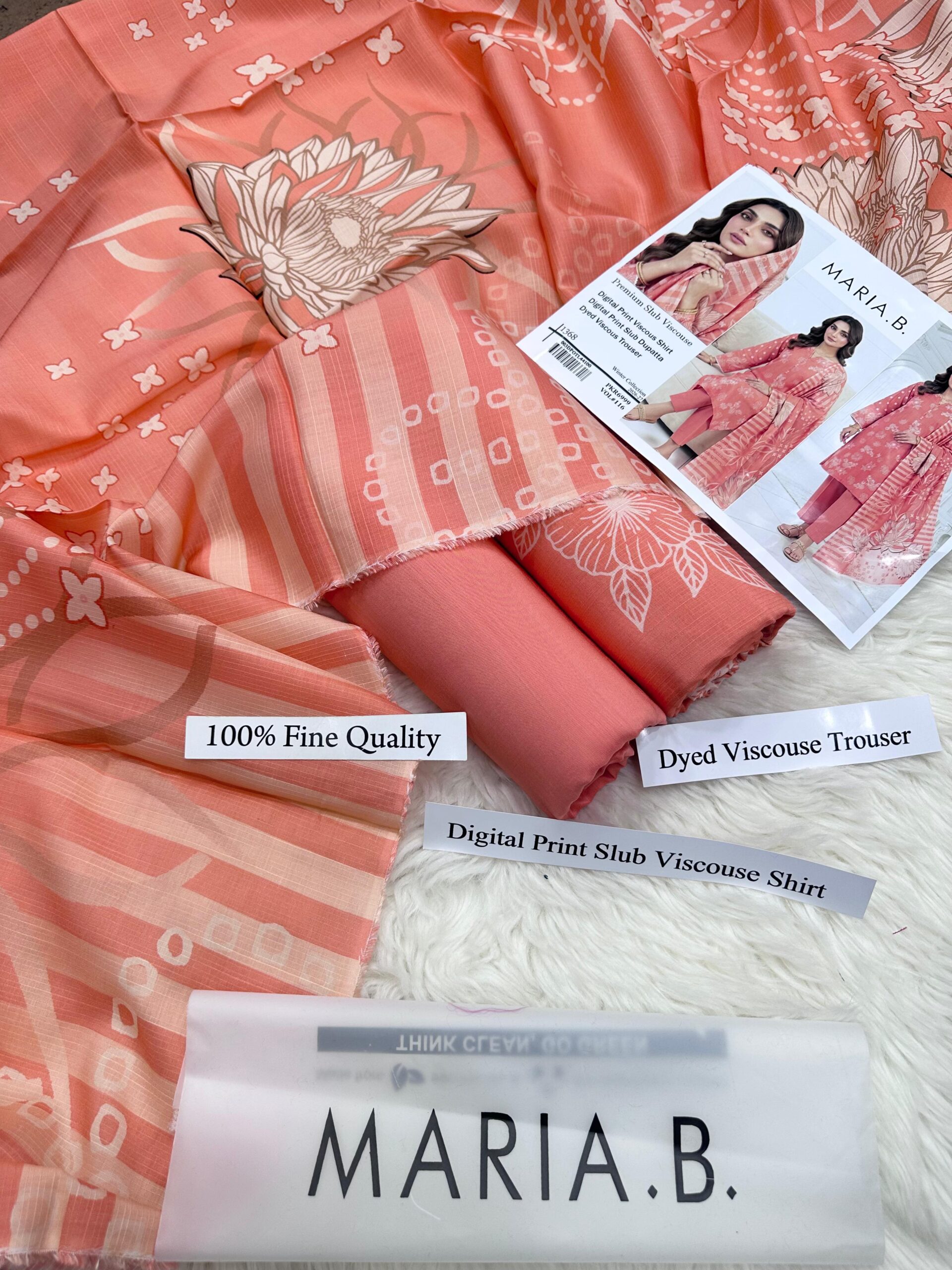 Maria.B. Premium Slub Viscose Unstitched 3 Piece Digital Printed Suit with Digital Printed Slub Dupatta – Peach