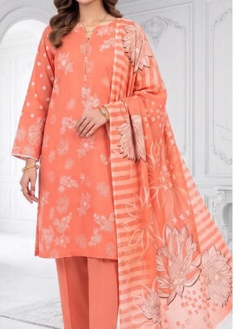 Maria.B. Premium Slub Viscose Unstitched 3 Piece Digital Printed Suit with Digital Printed Slub Dupatta – Peach