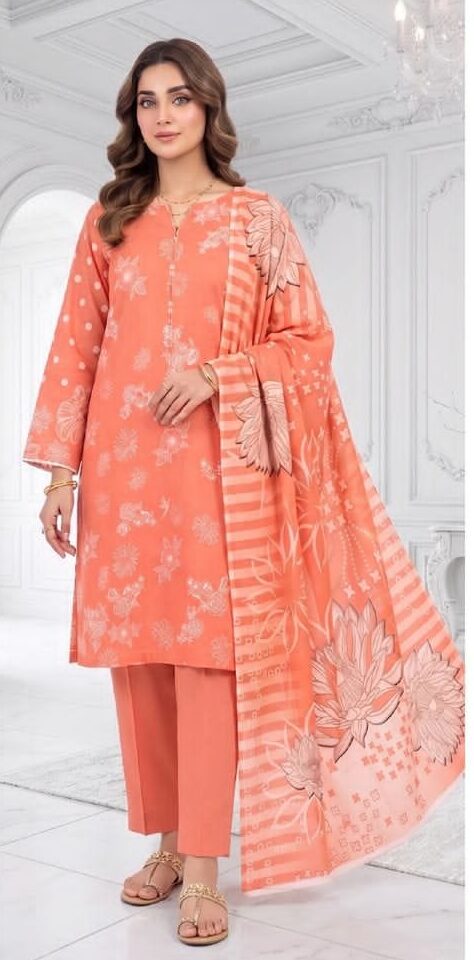 Maria.B. Premium Slub Viscose Unstitched 3 Piece Digital Printed Suit with Digital Printed Slub Dupatta – Peach
