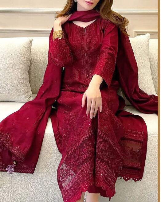 Premium Airjet Dhanak Heavy Sequin Embroidered 3 Piece Suit – Deep Maroon
