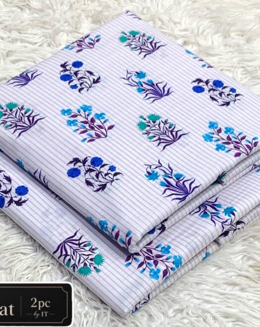 Printed Khaddar 2 Piece Suit – Premium Airjet Striped Floral Collection (Off-White & Turquoise)