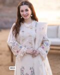 Premium Airjet Dhanak Heavy Embroidered 3-Piece Suit – Off-White & Pastel Floral