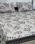 Luxury Printed Cotton King Size Bed Sheet Set with 2 Pillow Covers – Ash Grey & Black Botanical Leaf